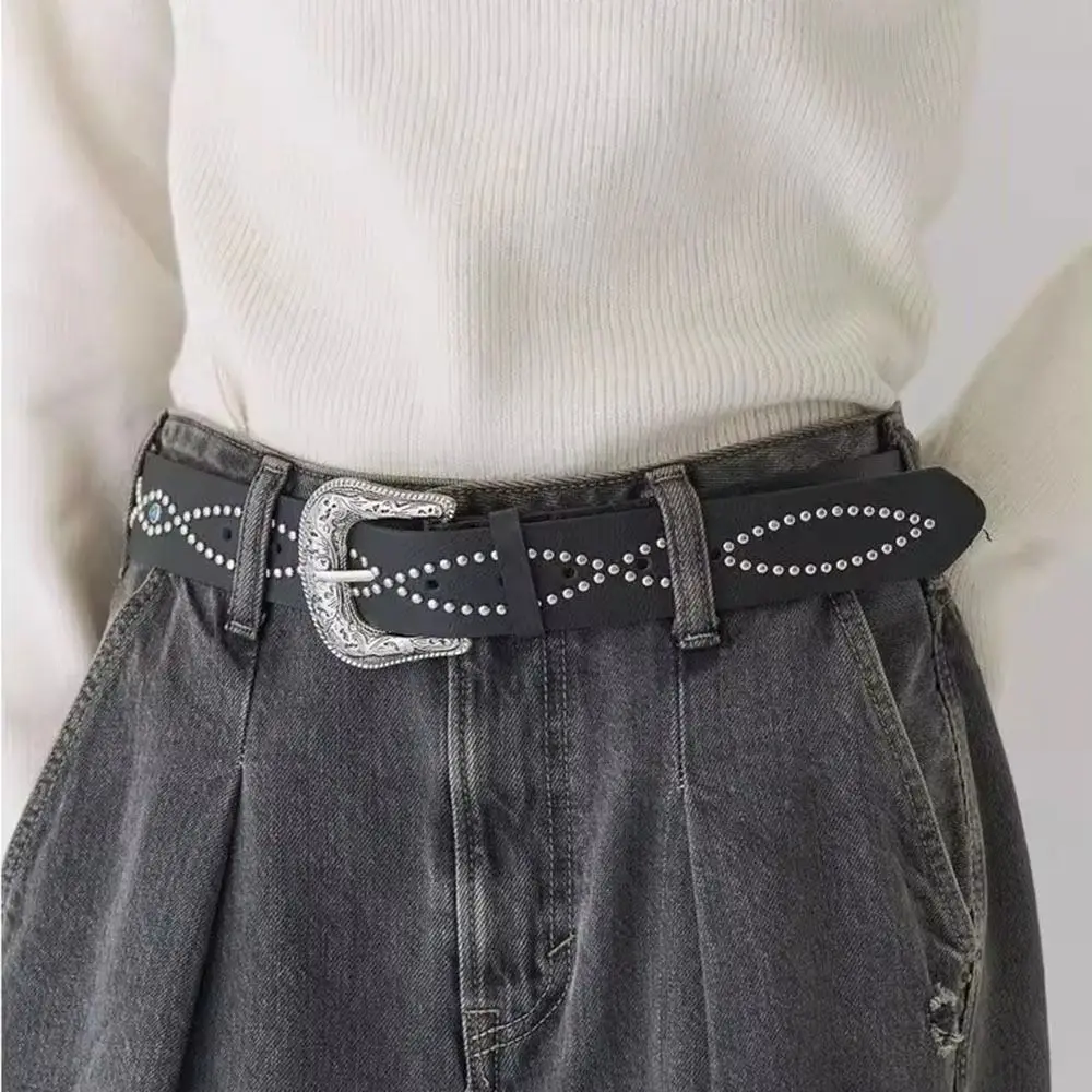 الرجعية حجر الراين حزام المرأة بولي Leather الجلود العرقية نمط برشام حزام الخصر القوطية حزام فستان حزام البنطال الجينز يوميا #4