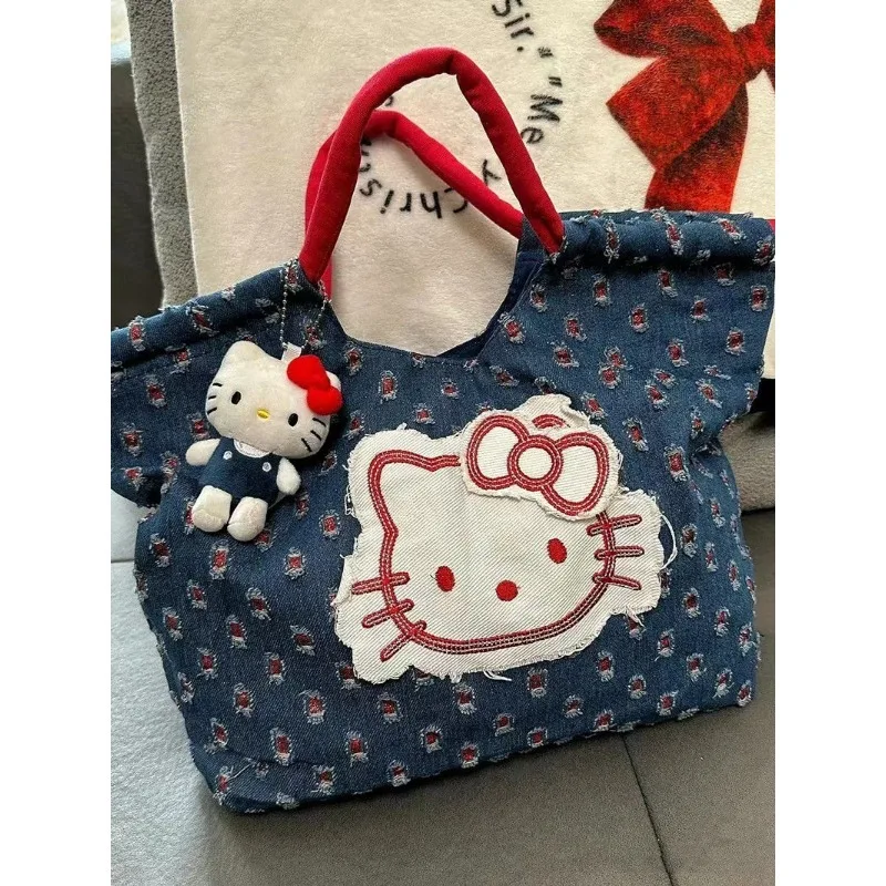 

Sanrio Kawaii HelloKitty Cartoon Retro Denim Patch Handbag Fashionable Versatile Personality Large Capacity Shoulder Bag Gift