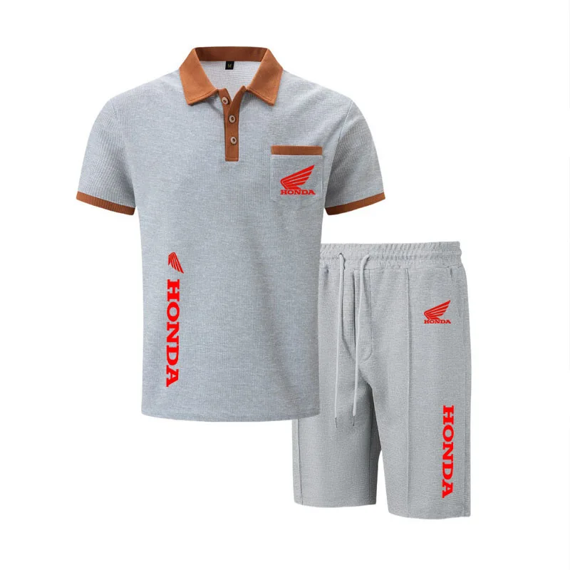 Honda Men's 2 Piece Set, Summer Short Sleeve Polo Shirt & Casual Shorts, Lightweight Breathable Daily Casual Outfit for Men