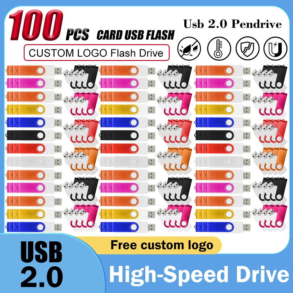 100PCS/lot Metal Rotation 2.0 Pen Drive 64GB 32GB 16GB USB Flash Drive 8GB 4GB 2GB 1GB 128MB U Disk Free Custom Logo
