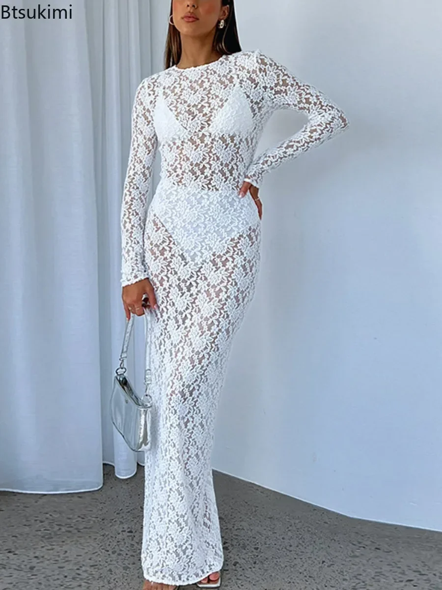 

2025 Women's Sexy Lace Design See Through Bodycon Long Dress Black White Slim Fit Long Dress Female Long Sleeve Dress Vestidos