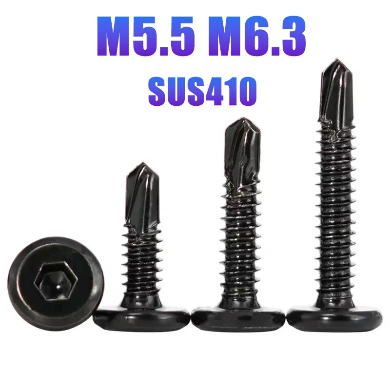 

410 Stainless Steel Black Zinc Flat Head Hex Socket Self Drilling Screw M5.5 M6.3 #12 #14 Sheet Metal Self Tapping Screw