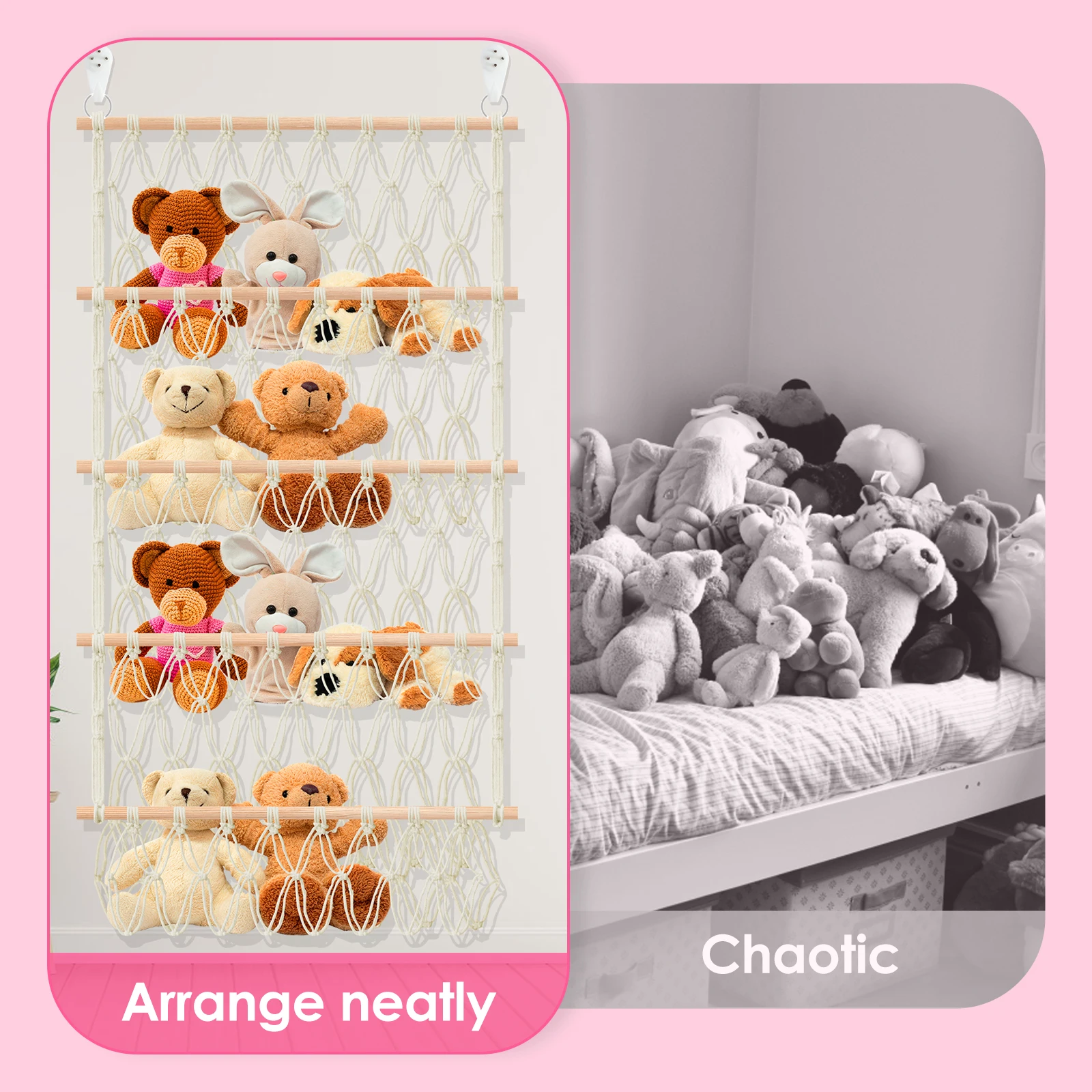 Filet de rangement pour jouets en peluche à 4 couches, filet de rangement pour animaux en peluche de grande capacité, organisateur de jouets suspendu Boho pour salle de jeux et chambre à coucher