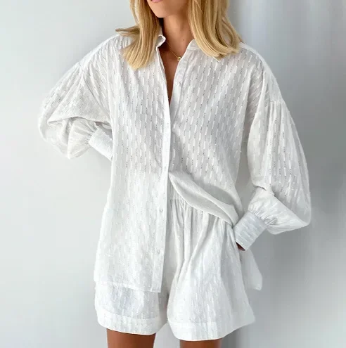 Women Long Sleeves Shirts And Hot Pants Two Pieces Outfits 2024 Summer White Elegant Jacquard Fabric Soft Vacation Suits