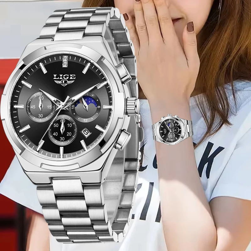 ساعة كوارتز جديدة من LIGE للنساء، ساعة عصرية بسيطة على مدار 24 ساعة على شكل قمر، ساعة للسيدات أنيقة مقاومة للماء، سوار نسائي