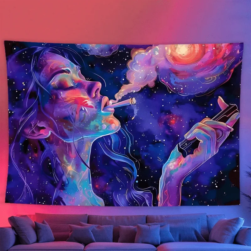 VIKAMA Psychedelischer Sternenhimmel, Göttin, Wandteppich, rauchiger Farbverlauf, Nebel, Wohnzimmer, Sofa, Hintergrund, spirituelle Raumdekoration