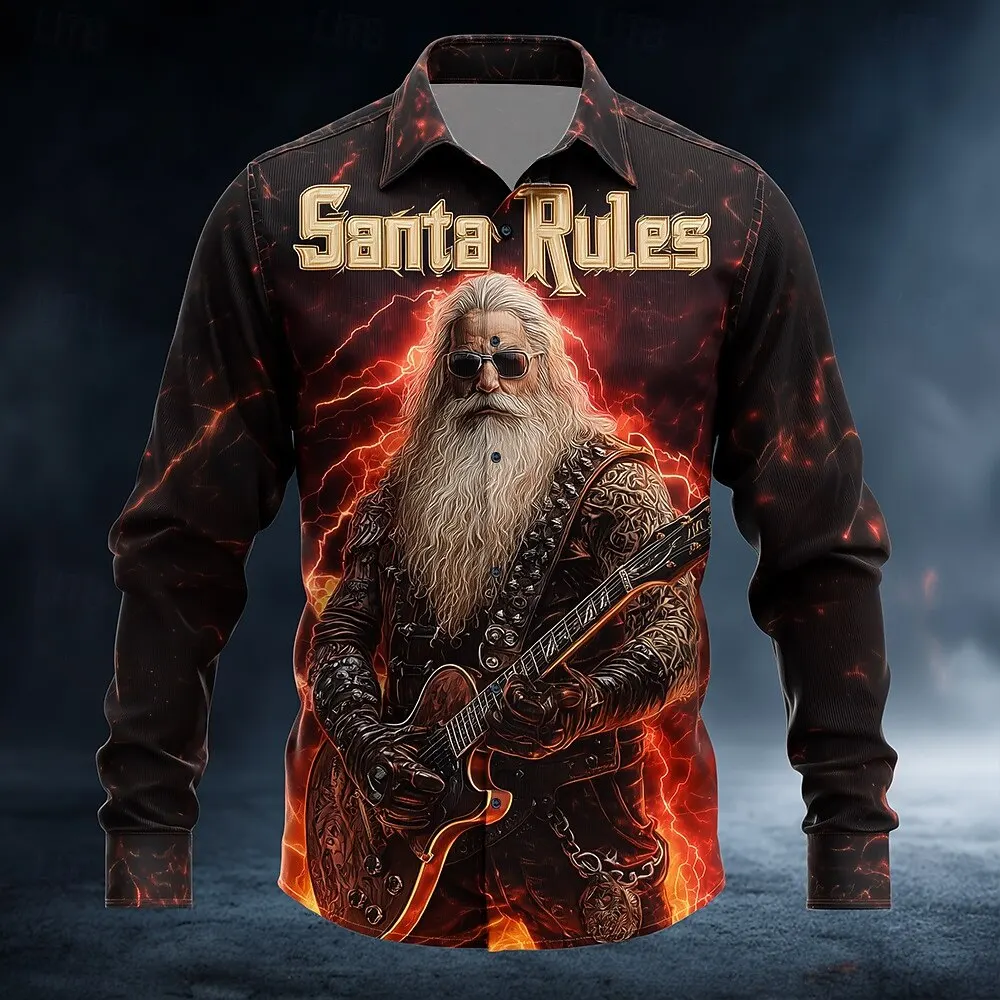 عيد الميلاد الرجال سانتا كلوز روك الغيتار قميص زر يصل قميص طويل الأكمام مضحك هدايا عيد الميلاد الربيع 3D طباعة الياقات القمصان #3