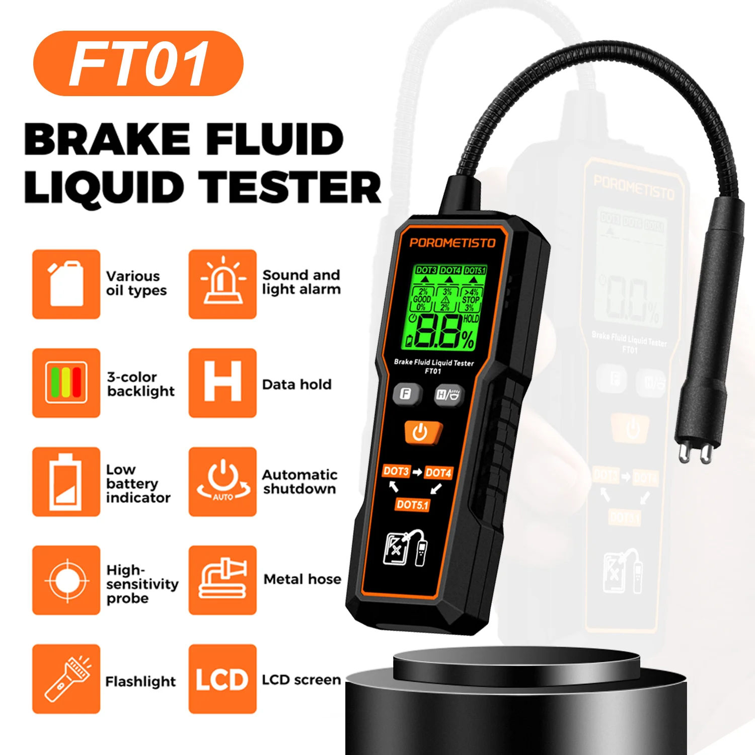 Brake Fluid Tester Car Brake Oil Moisture Detector DOT3/DOT4/DOT5.1 Backlight Flexible Probe 1.4