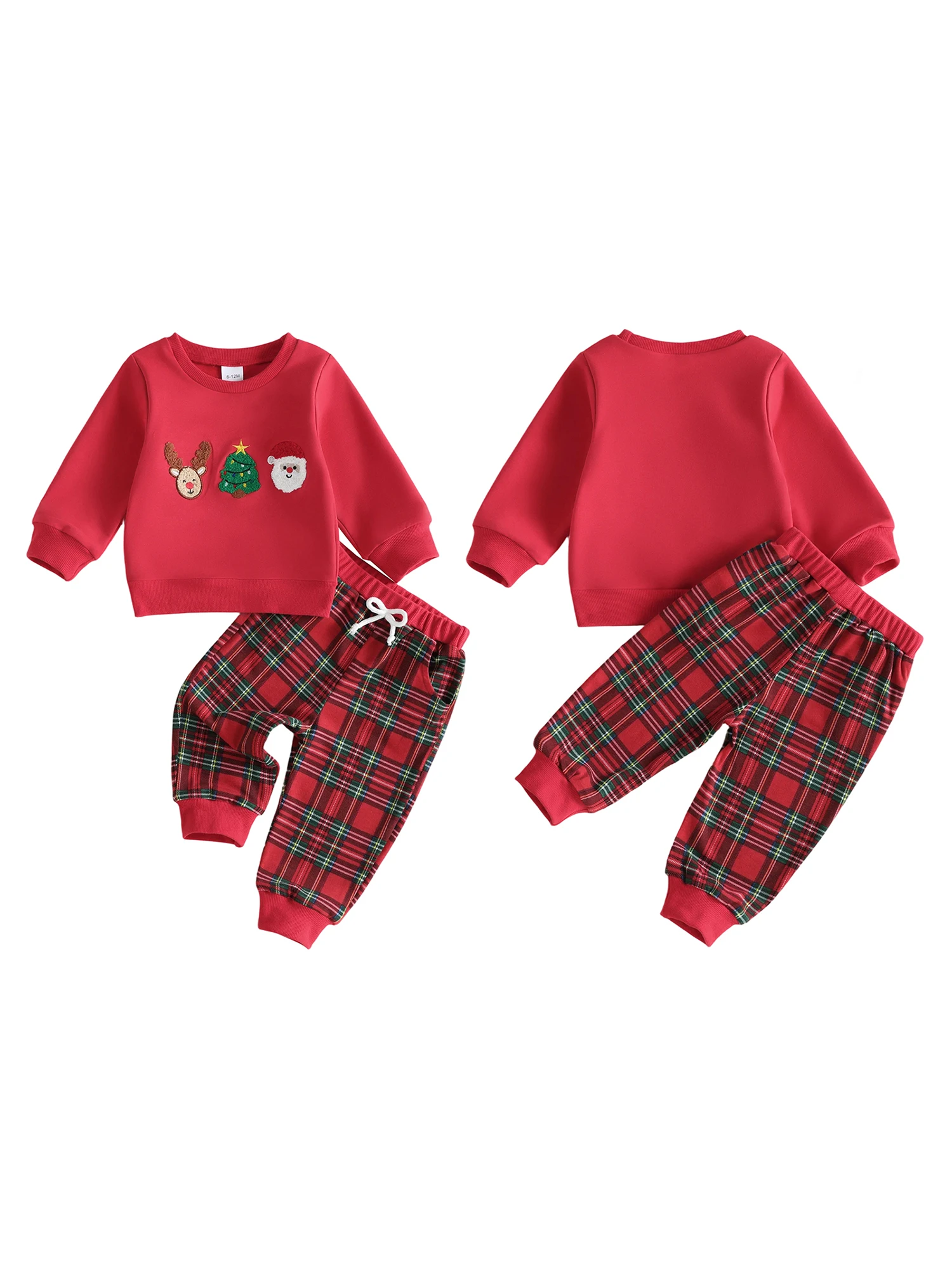 Santa Embroidery Long Boy Christmas Embroidery Pullover Plaid Pants Outfits Santa Santa Sleeve-Pullover-Plaid
