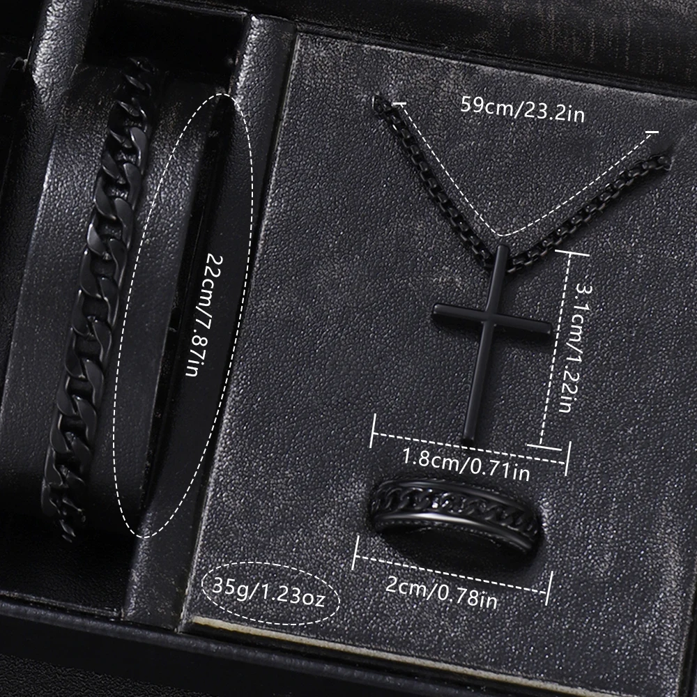 مجموعة ساعات رجالية سوداء مكونة من 4 قطع، مجموعة هدايا مثالية لساعة كوارتز وسوار وقلادة وخاتم للأصدقاء أو الأب