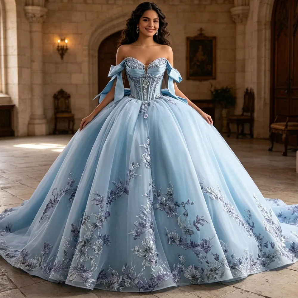 Vestidos De 15 Quinceañeras Azul Sweetheart Beading Ball Gown Crystal Evening Gown XV Princess Blue Quinceanera Dress