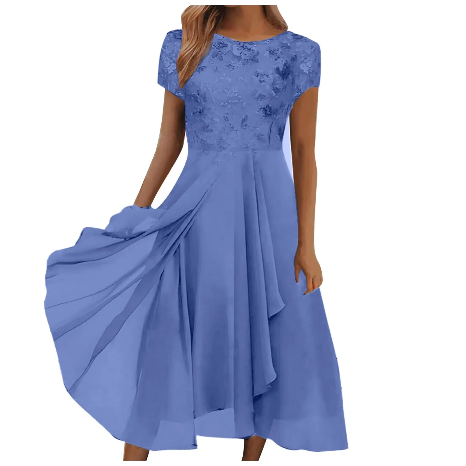 Vestido feminino de chiffon monocromático, patchwork de renda, recortado com gola O, manga curta, longo, elegante, noite, moda