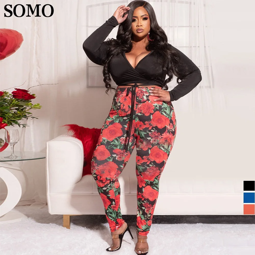 SOMO Elastic Plus Size Women Clothing Two Piece Set Skinny V Neck Crop Top and Printed Long Pants Outfits Wholesale Dropshipping