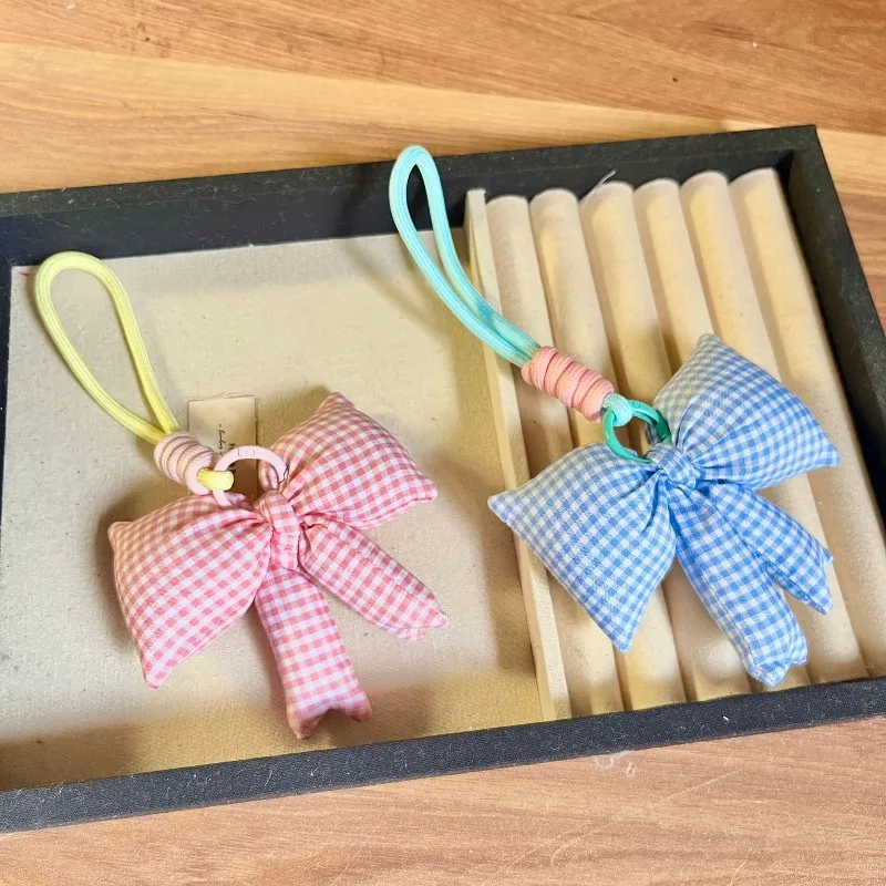 Cute Bow Keychain Holder Korean Fashion Plaid Pattern Bag Charm Sweet Candy Color Korean Ins Style Keychain Organizer Kids