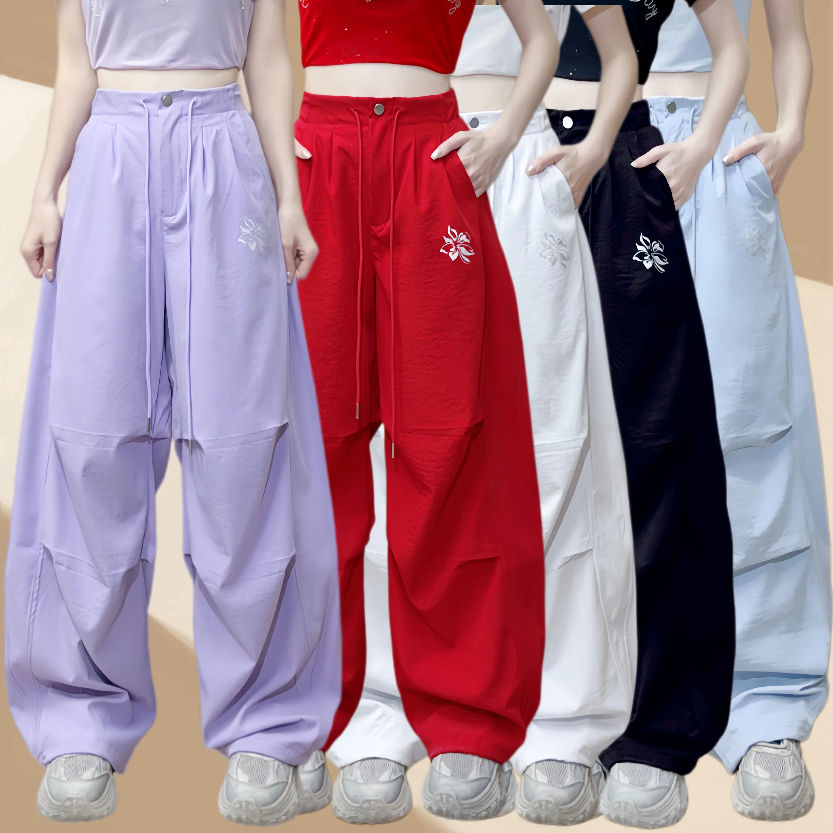 trendy-square-dance-wide-leg-pants-women's-elastic-waist-embroidered-flower-casual-thin-sport-long-trousers-comfortable-fitness