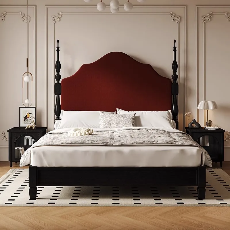 Retro solid wood bed 1.8 meters master bedroom soft bag high backrest big bed modern simple