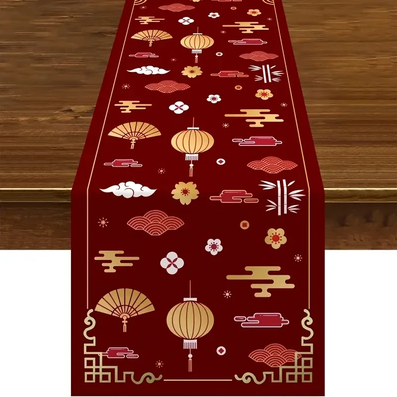 Chinese Happy New Year Linen Table Runner Holiday Party Decor Lantern Folding Fan Pattern Table Runners 2025 New Year Decoration