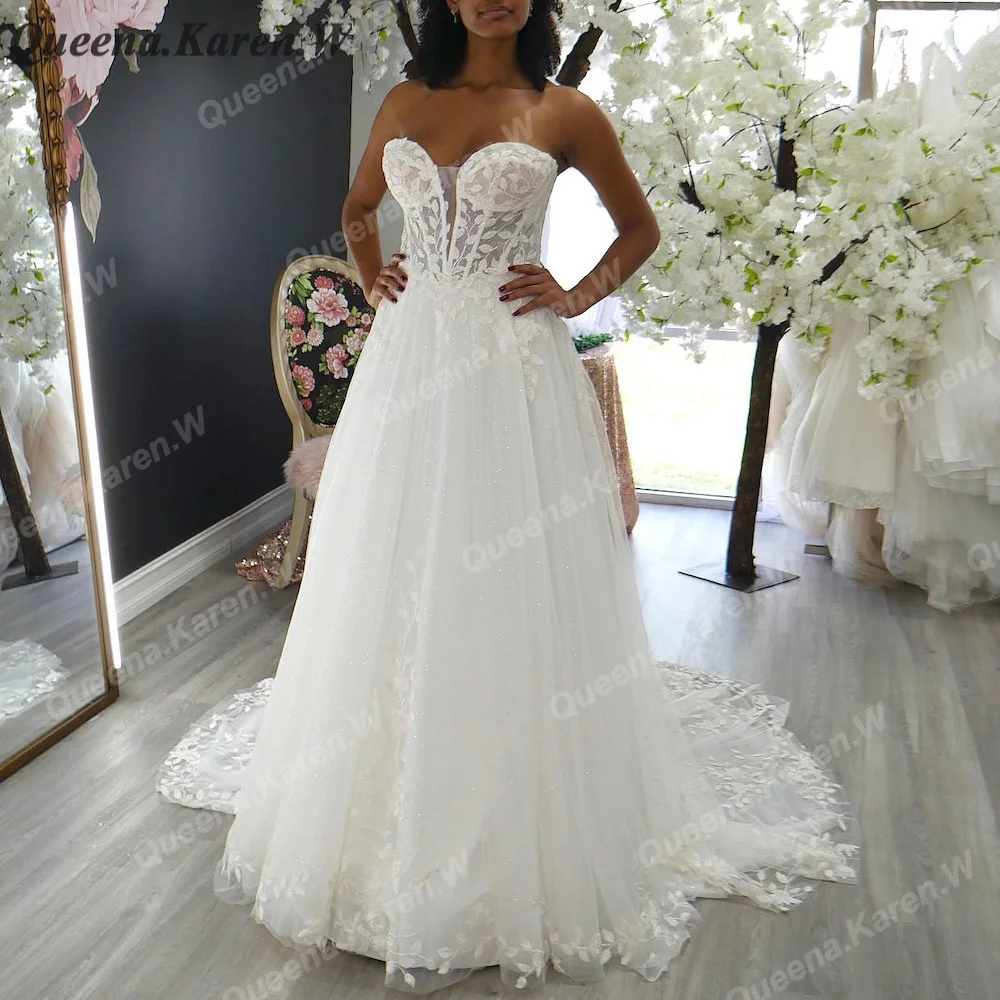 

Elegant Boho Wedding Dress strapless lace applique bride dress robe de mariee A line Wedding Bridal Gown