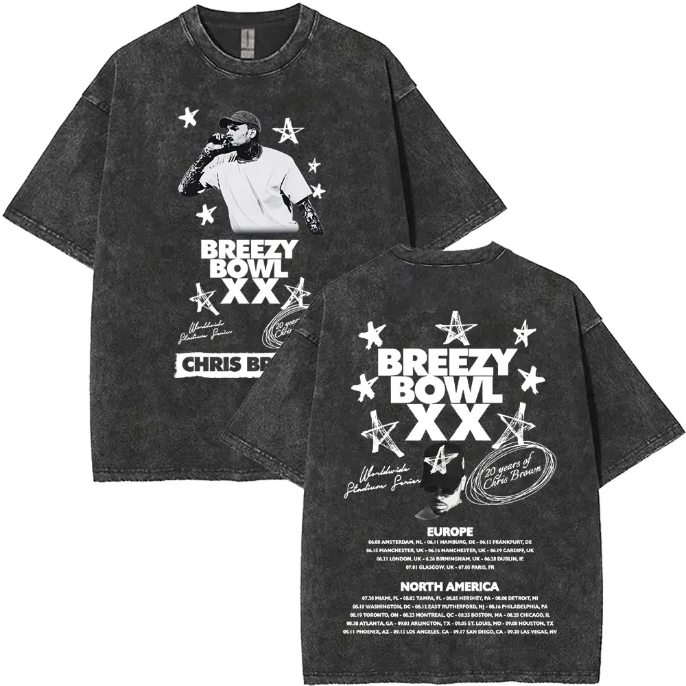 غسلها خمر كريس براون الوجه الجرافيك تي شيرت Breezy Bowl XX Tour 2025 تي شيرت الرجال النساء الهيب هوب موضة المتضخم تي شيرت