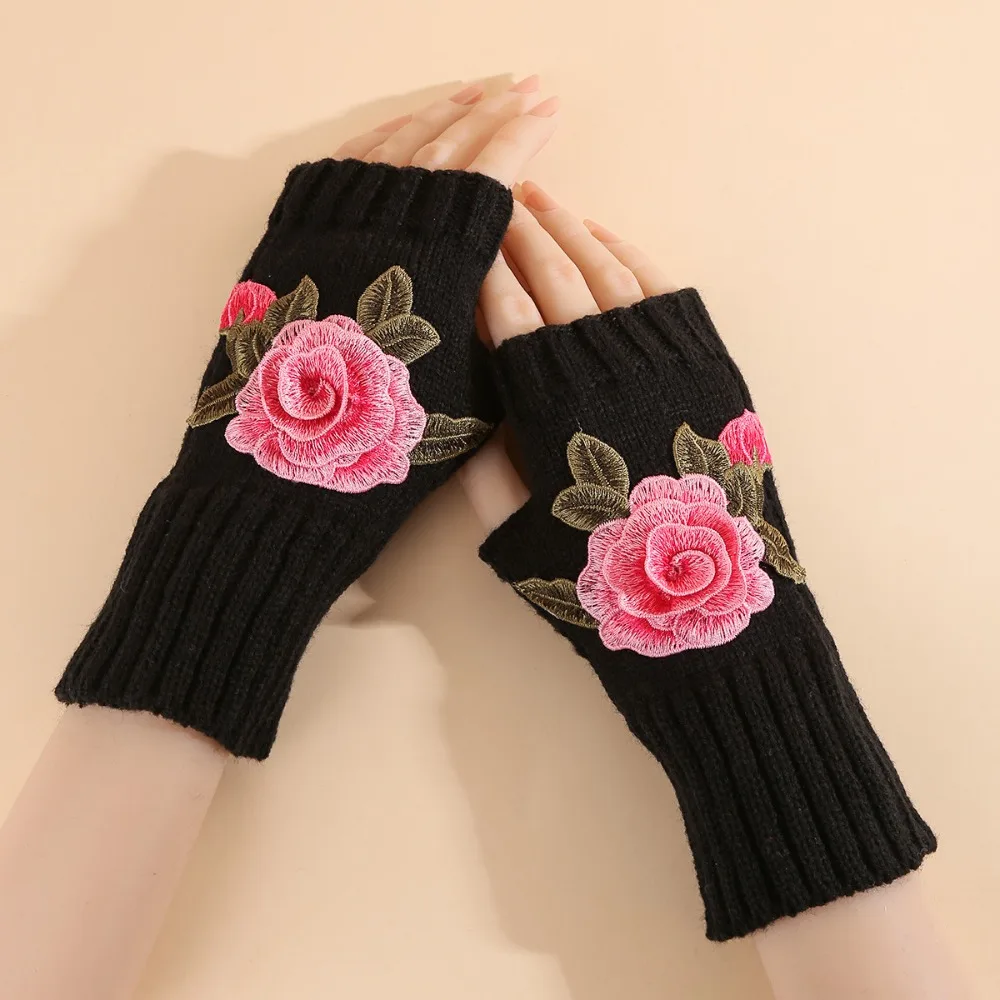 All-Match Vintage Embroidery Knitted Gloves Half Finger Floral Winter Wool Gloves Windproof Thick Fingerless Gloves Outdoor