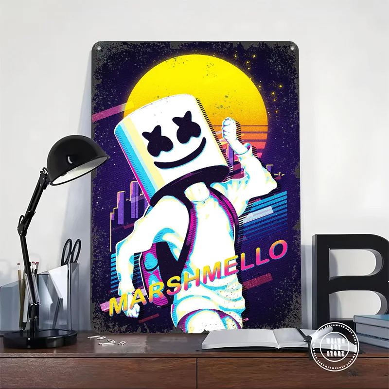 Marshmello Dj Retro Personalized 3D Textured Metal Poster Wall Art Vintage Tin Signs for Coffee Bar Accessories Home Decor Items