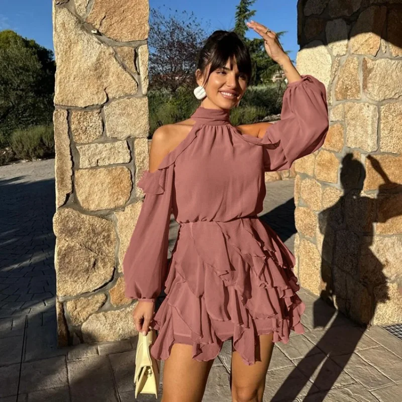 Spring Women Mauve Halter Cold Shoulder Dress Chic Long Sleeve Ruffled Tiered Mini Dress Elegant Party Chiffon A-line Dress