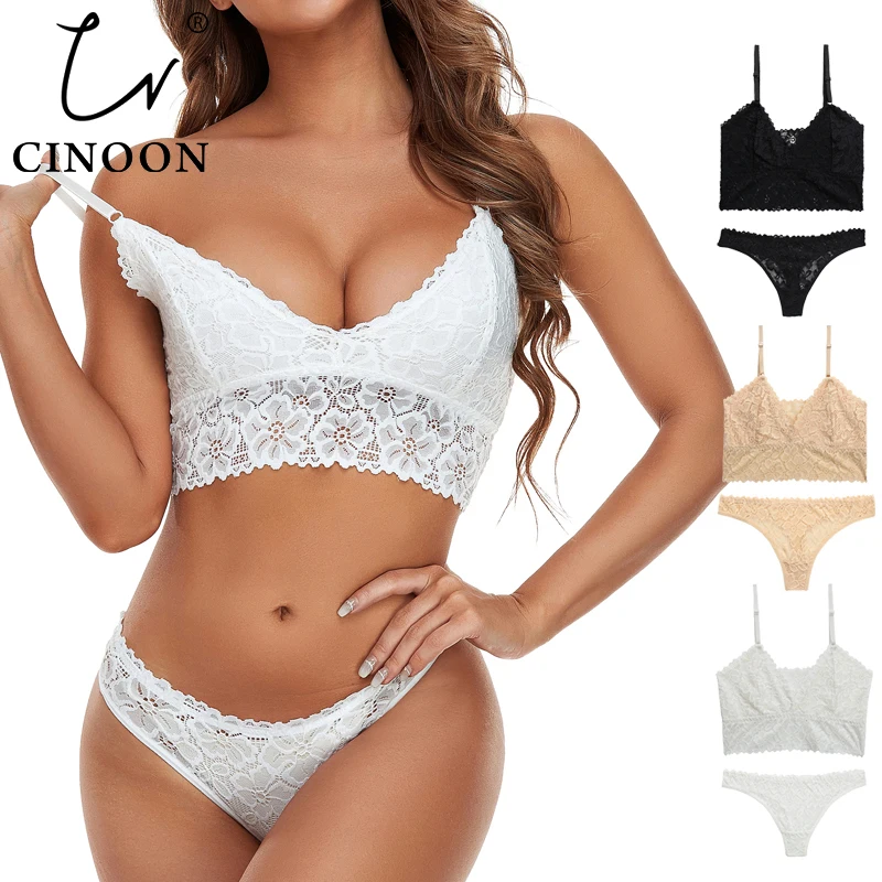 CINOON Women Lace Bra Set Sexy Lingerie Set French Bralette Thong Low Waist Panties Female Intimates Seamless Underwear Set