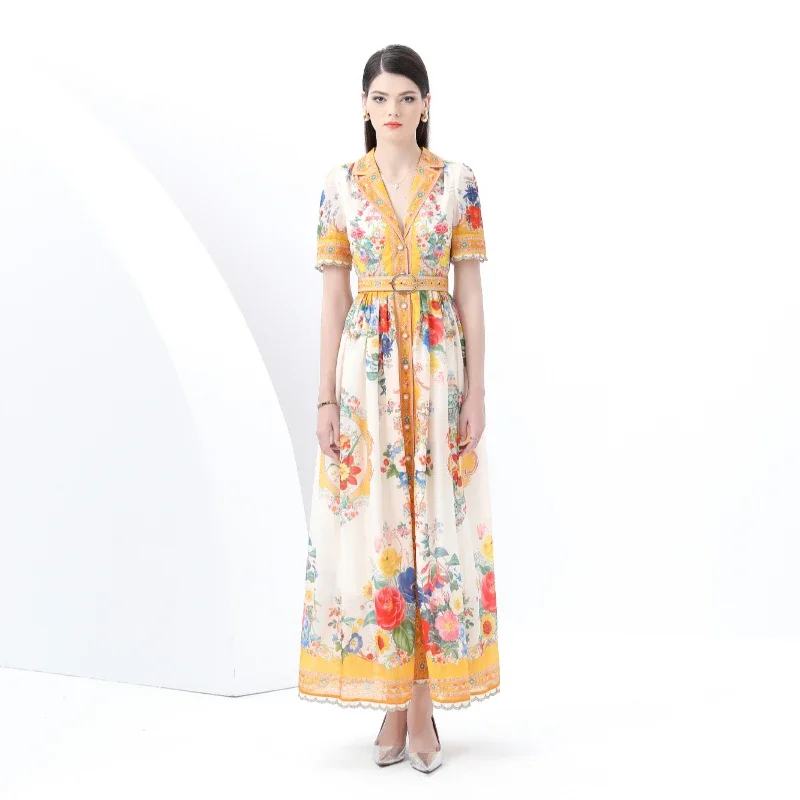

2025 vacation style suit collar short sleeved wide wave edge floral print long dress women clothing streetwear