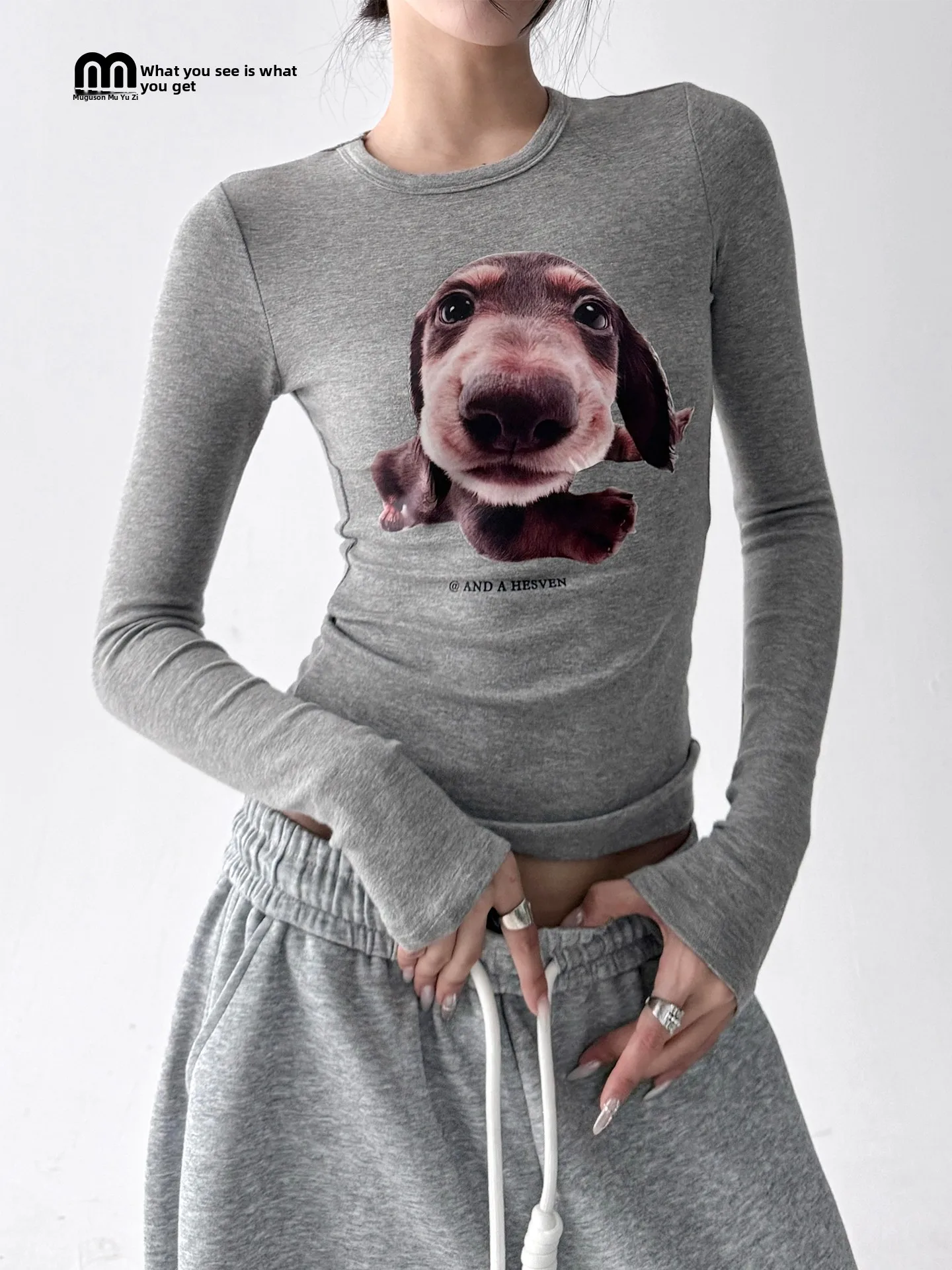 

Faionable Korean Sle Long Sve T-irt round Ne Dog Cartoon Print Top for Women Autumn New Arrival Versatile Comforta...