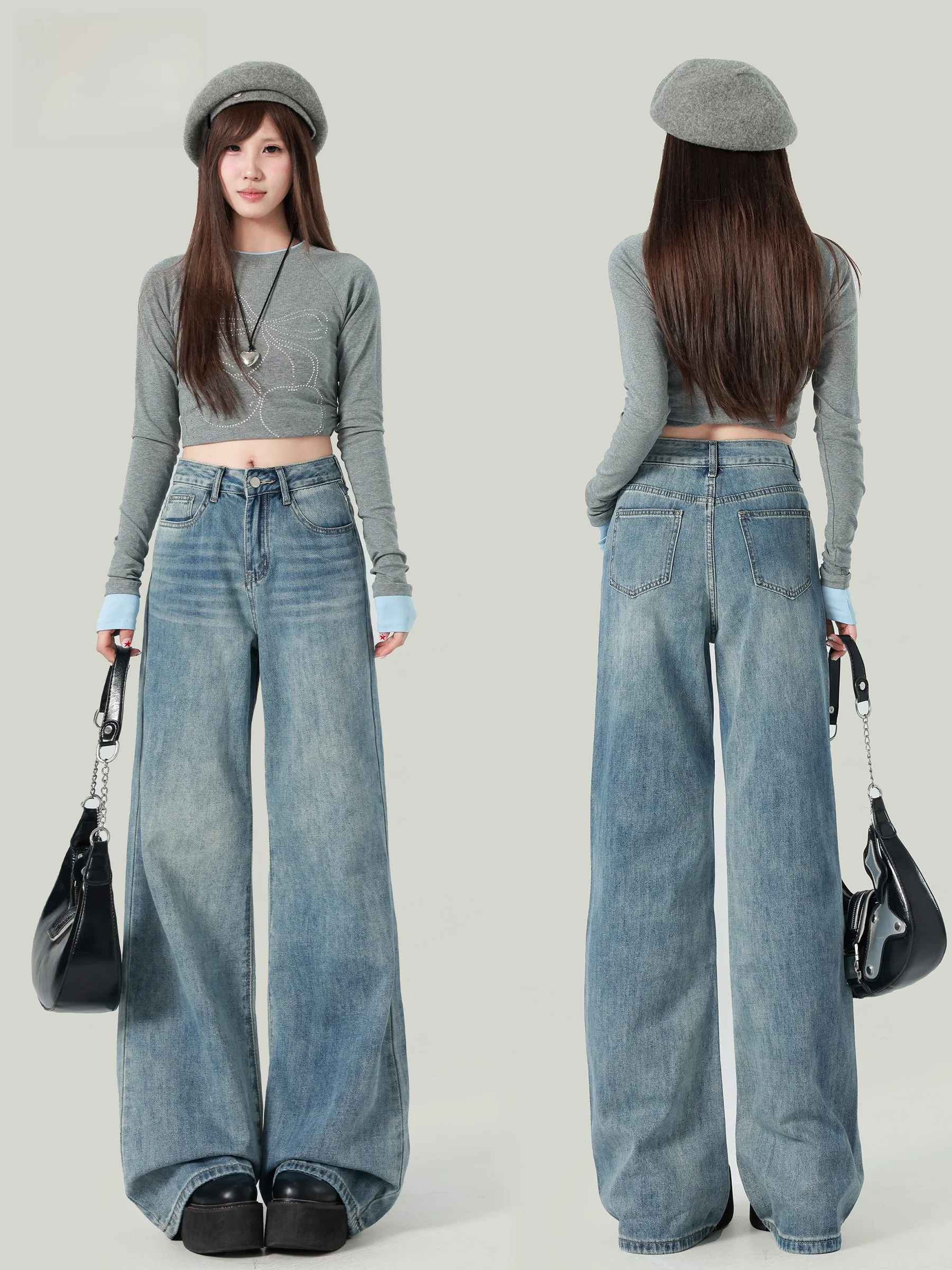 

Light Blue Loose Fit High Waist Denim Jeans Women's Autumn Casual Style No Stretch Bell Bottoms Comfortable Cotton Blend