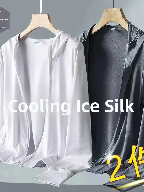 Men's Summer Ice Silk Mesh UV Protection Clothing Quick Dry Lightweight Long Sleeve Outdoor Casual Hat Design Polyester Fiber