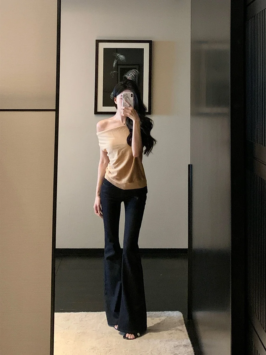 

Женские джинсы-клеш в стиле ретро, летние, с фактурной тканью, длинные брюки, с завышенной талией, из смесового хлопка, на молнии, повседневные, цветные