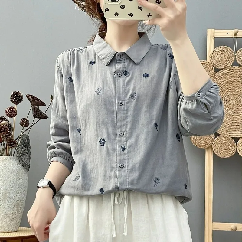 Cotton Gauze Long-sleeved Shirt for Women's Forest Style Literary and Fresh Leaf Embroidery Soft Skin-friendly Breathable Top