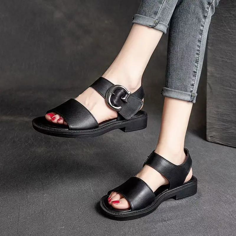 2024 New Women\'s Summer Leather Open Toe Low Heel Sandals Soft Sole Non Slip Hook Casual Sandals Comfortable Elderly Sandals