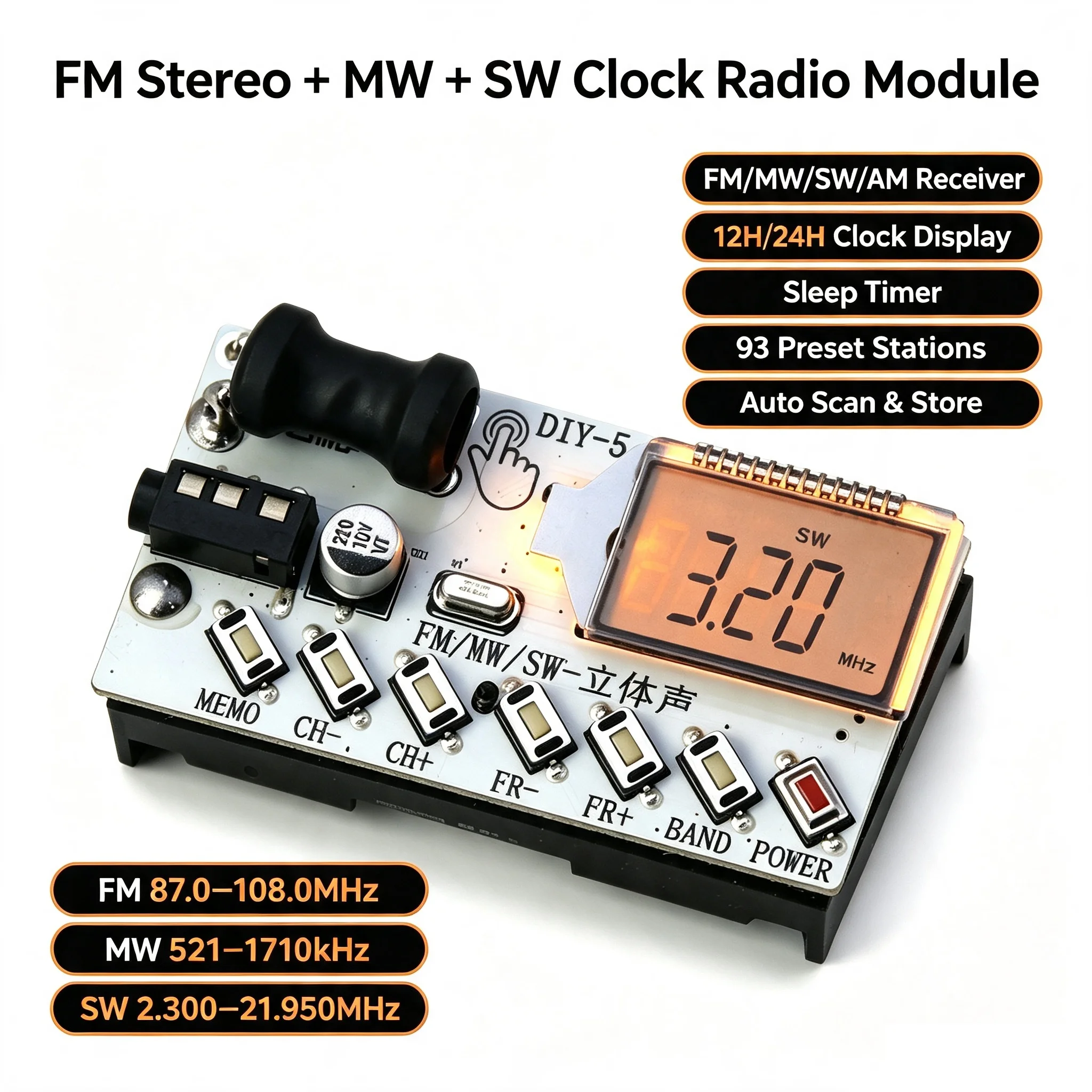 DYKB 4-Band Radio Receiver LCD Display FM Stereo MW SW AM Medium Wave Shortwave Receiving Broadcast Antenna Digital Clock