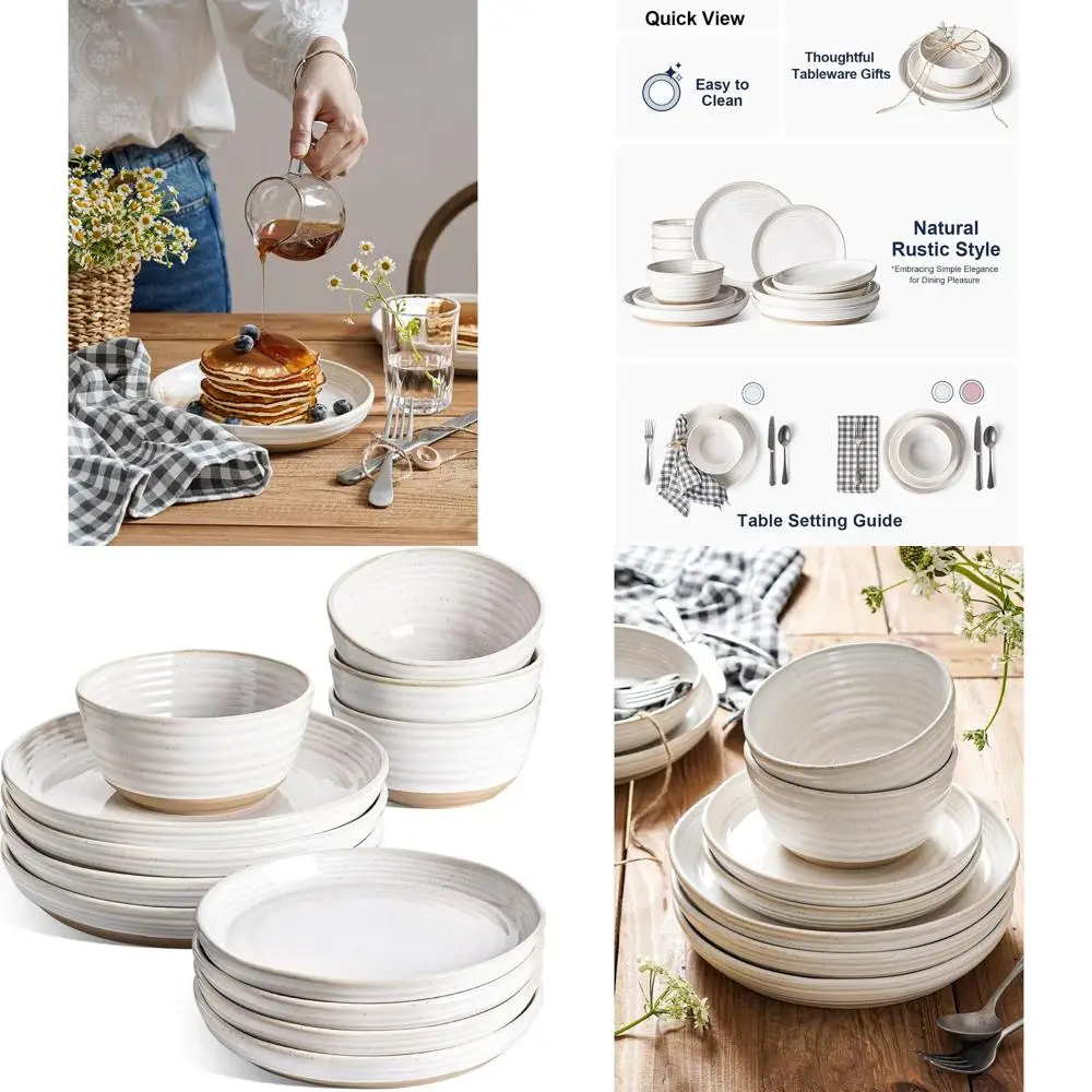 Juego de vajilla de cerámica de 12 piezas, blanco ártico, apto para horno, incluye tazones de 28 oz, 8 platos para ensaladas y 10 platos para el hogar