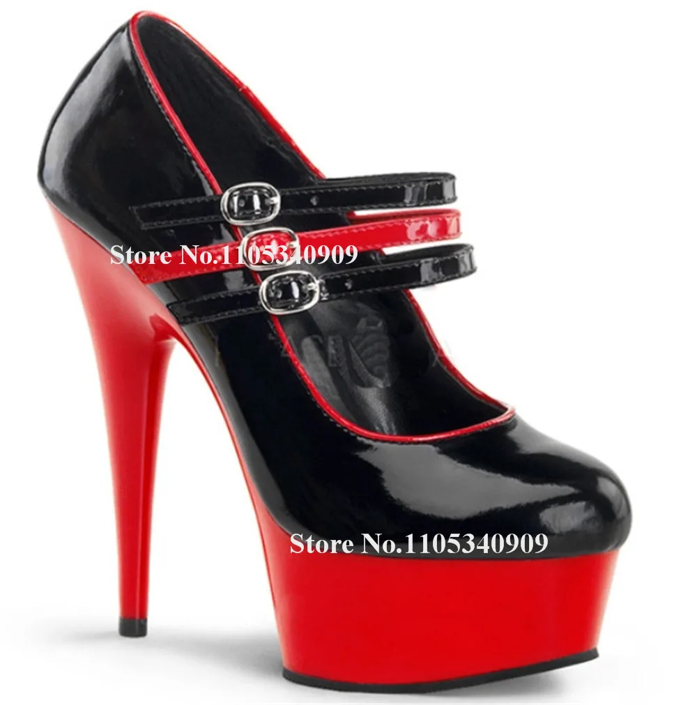 Bondarenko Classical Style Black-red Stiletto Heel Pumps Round Toe Ankle Straps High Platform 20cm Thin Heel Dance Shoes
