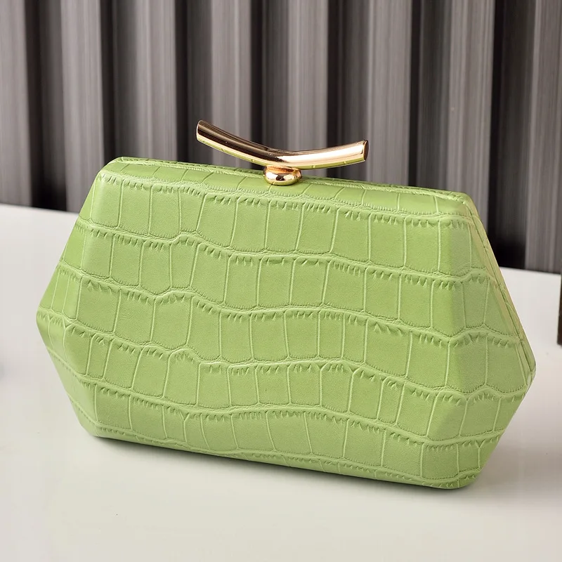 Bolso de Diseño Exclusivo, Verde, Hexagonal, Tipo Clutch con Textura de Cocodrilo, Estuche Rígido, Cadena Desmontable, Bolso de Hombro/Bandolera de PU