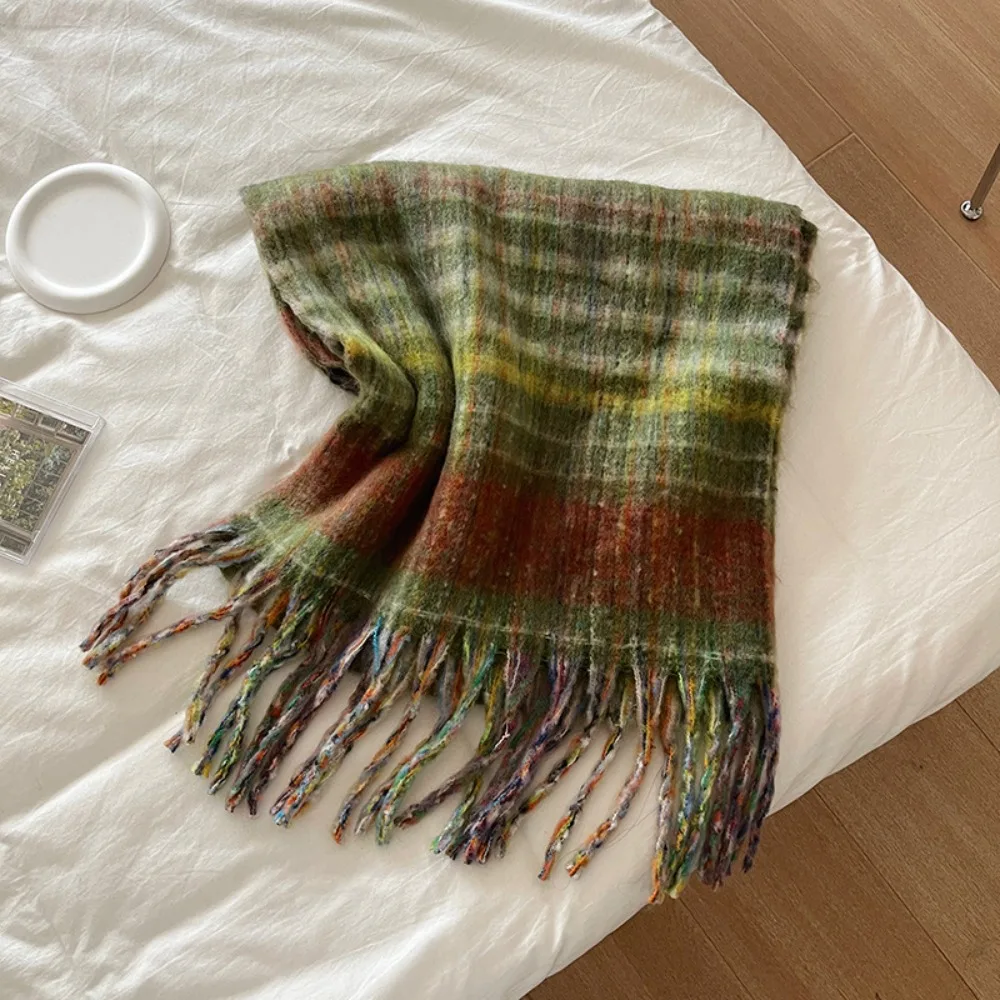 

Корейский стиль, клетчатый шарф из мохера, ветрозащитный утолщенный зимний кашемировый платок, глушитель, длинные кисточки, имитация кашемирового шарфа, подарки