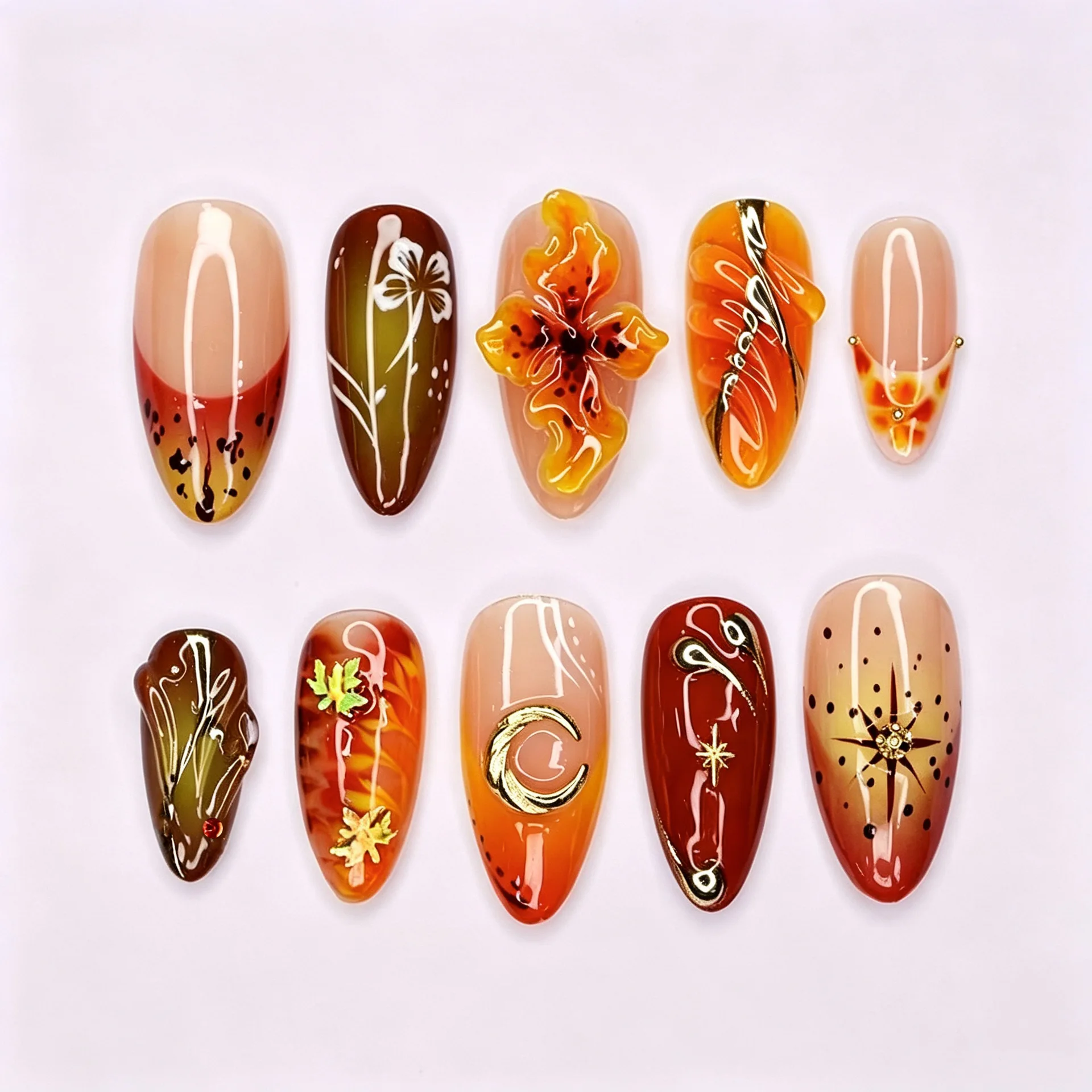 24Pcs Autumn 3D Flower Gilded Deign Press on False Nails Brown Leopard Print Stick on Nail Wearable Almond Full Cover Nails Tips