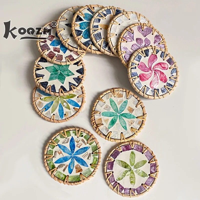 Creative splicing Natural Rattan Colorful Shell Resin Cup Mat Coaster Hand Woven Insulation Pad Placemat Kitchen Decoration