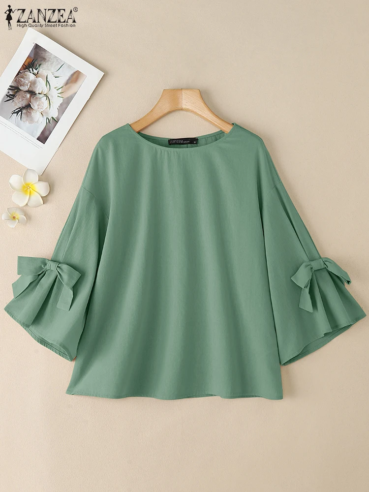 

Women Summer Blouse 2025 ZANZEA Elegant Solid Work OL Shirt Fashion O Neck 3/4 Sleeve Bow Tops Blusas Femme Casual Loose Chemise
