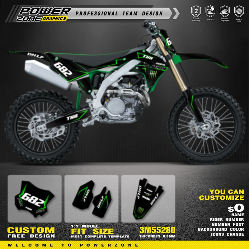 

PowerZone Custom Team Adhesive Decals Vinyl Sticker Kit For Kawasaki 2019 -2023 KXF KX450 2021-2024 KXF KX250 Motorcycle 15