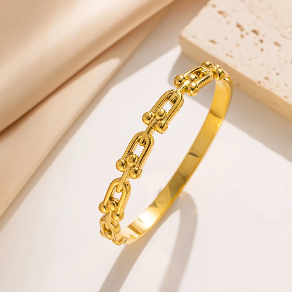 Stainless steel simple U-shaped horseshoe bracelet hot sale Gold Color smooth Bangles For Women Party Hand Jewelry