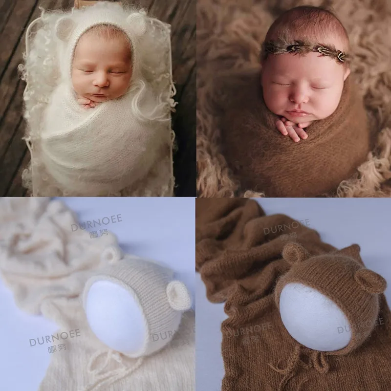 Baby Swaddling  Blanket Newborn Photography Receiving Stretchable Wool Wrap Handmade Hat Photo Shooting Accessories