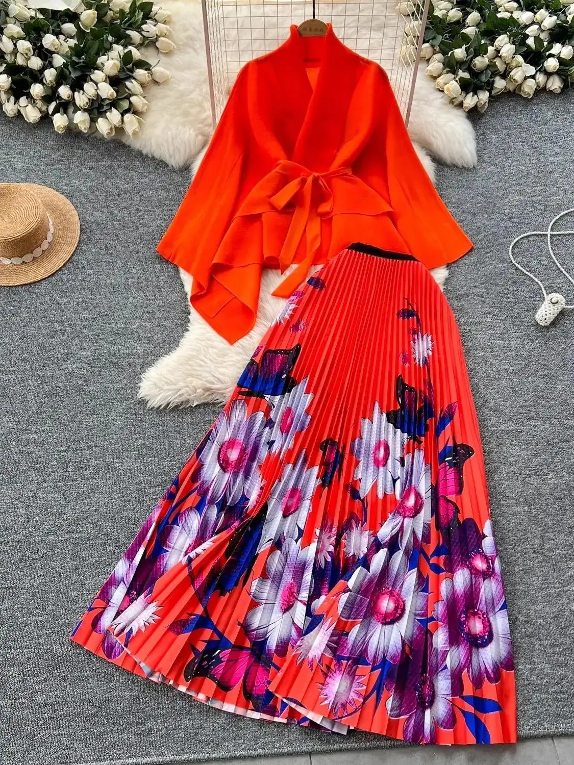 2025 Spring Holiday Miyake Pleated 2 Pieces Set Women Lapel Batwing Sleeve Solid Top+Elastic Waist Flower Print Long Skirt Suit