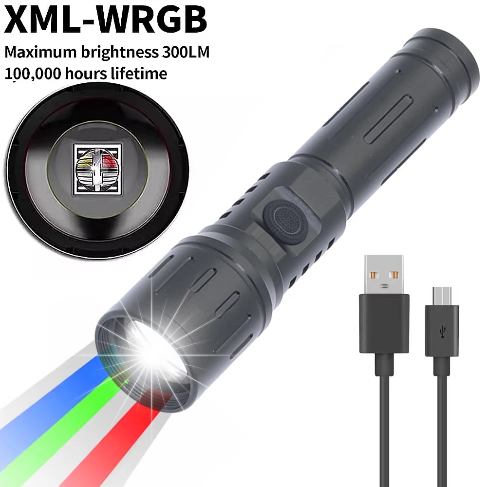 Zoom 4-Colour light White/Red/Green/Blue LED Flashlight USB rechargeable Fishing Camping Hunting Photography Selfie Hiking Torch