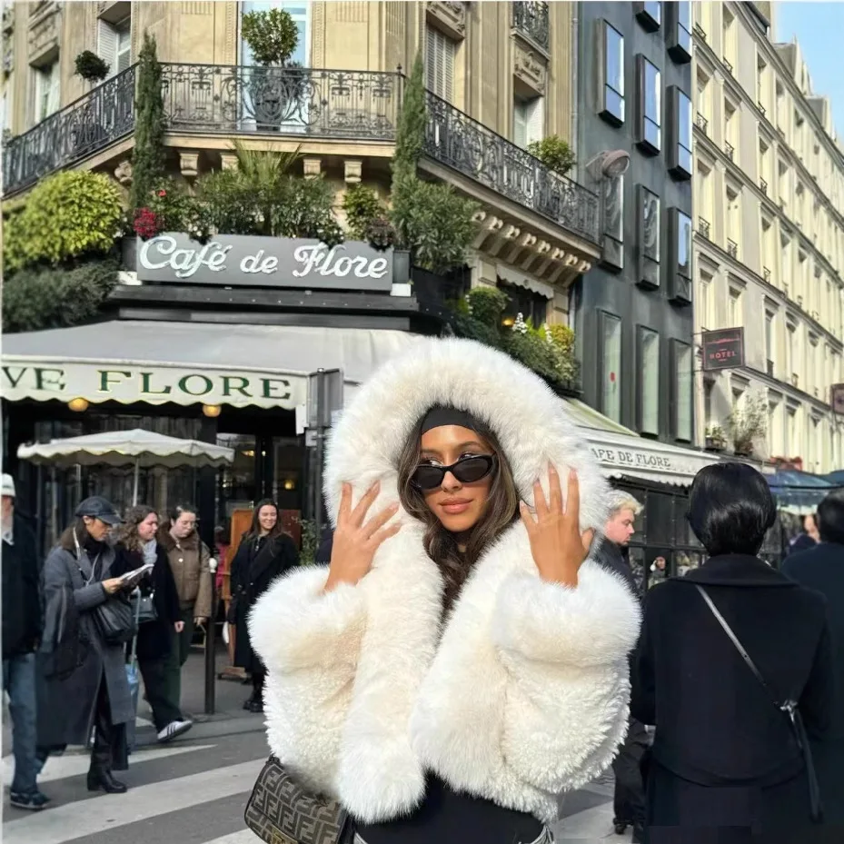 2026 Women Hooded Cropped Faux Fur Coat, White Plush Fluffy Warm Winter Overcoat