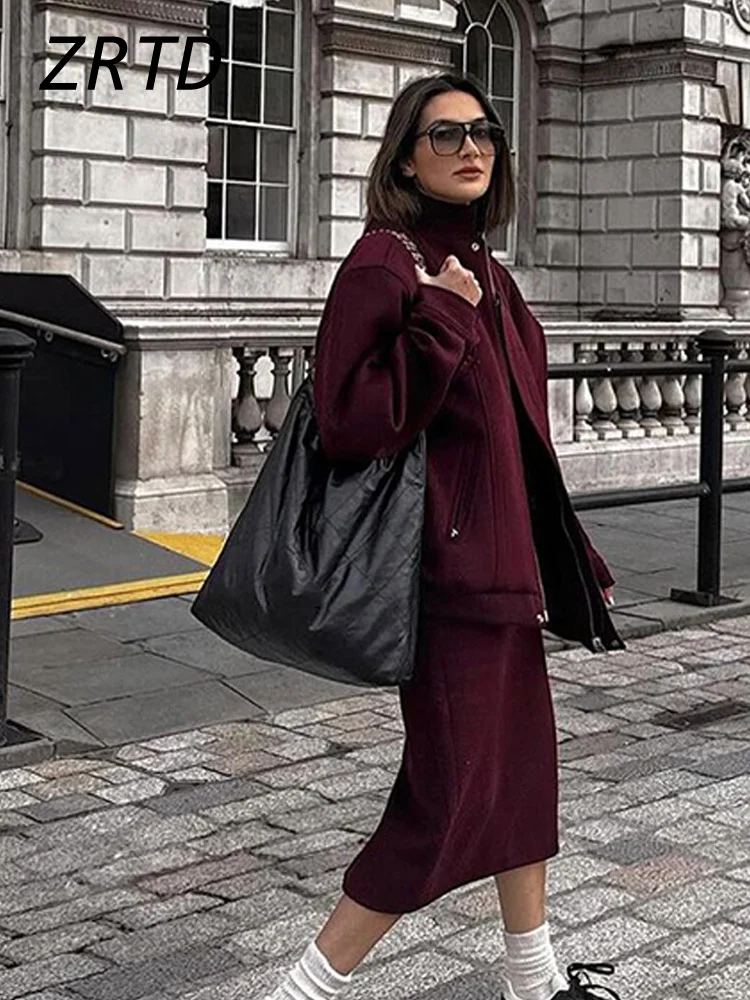 Elegant Patchwork Jacket Women Loose Stand Collar Zipper Long Sleeve Pocket Female Coat 2024 Autumn Lady Street Red Wine Outwear