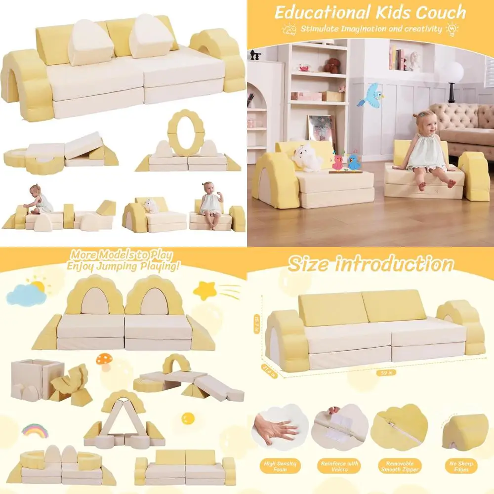 طقم أريكة للأطفال الصغار مكون من 10 قطع، أريكة إسفنجية متعددة الوظائف لغرفة اللعب بحجم متوسط، أصفر وبيج #1